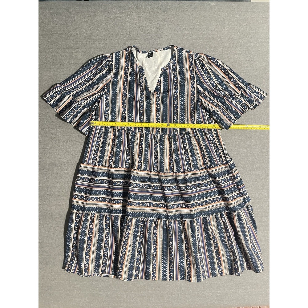 SHEIN Boho Tiered Mini Dress Large‎ Blue Floral Stripe Babydoll Peasant Dress
